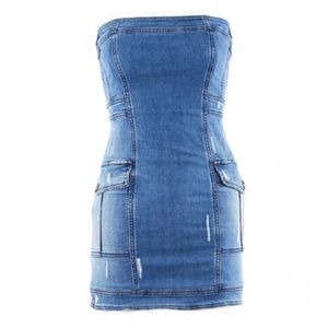 BALMAIN denim strapless mini dress